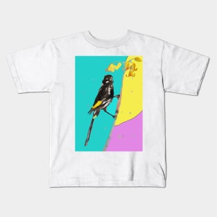 Australian Honeyeater Bird Painting - New Holland on Aqua and Yellow Kids T-Shirt